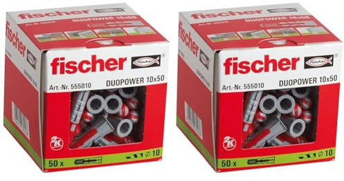 fischer DUOPOWER 10 x 50, Universaldübel, leistungsstarker 2-Komponenten-Dübel, Kunststoffdübel zur Befestigung in Beton, Ziegeln, Stein, Gipskarton UVM., ohne Schrauben, 50 Stück (Packung mit 2)