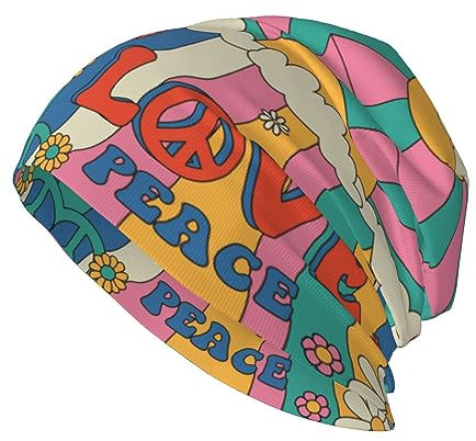 ANNCED Beanie-Mütze, Strickmütze für Herren und Damen, dünn, warm, gestrickt, lässig, Krebsmütze, Skimütze, Winter, warm, Hip-Hop, weiche Totenkopfkappe, Hippie Cartoon Bunte Hippie und Frieden,