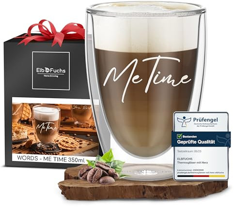 ElbFuchs® Doppelwandiges Latte Macchiato Glas | ME TIME |1x 350ml [PERFEKTE GESCHENKIDEE] Ideal als Thermoglas für Cappuccino | Kaffegläser | Teegläser