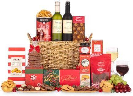 Christmas Celebration Basket - Luxury Festive Food & Wine Hamper | Merlot - Sauvignon Blanc - Chocolates - Cookies - Crackers - Christmas Day - Family Sharing - Corporate & Staff Gifts