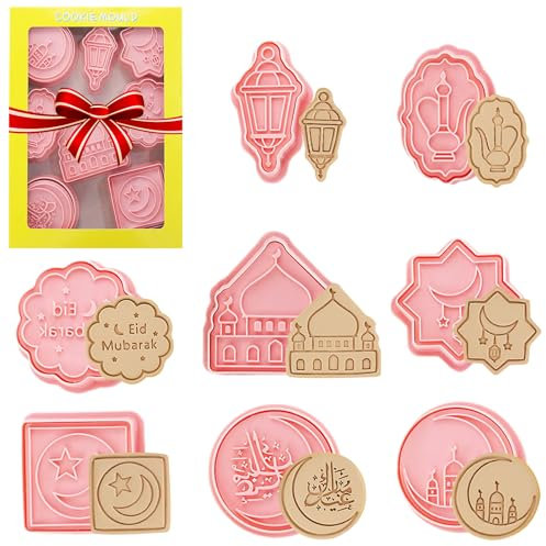 Rhsemi - Set di 8 stampi per biscotti 3D Eid Mubarak, tagliabiscotti in plastica, lavabili in lavastoviglie