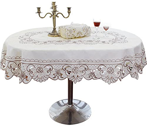 Yizunnu Weiße Vintage bestickte Spitze Tischdecke Rosa Grau Blumen Tischdecke Luxus Cutwork Deckchen Oval (graue Blume, 140 x 200 cm)