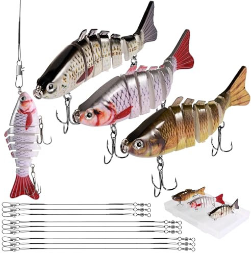 Annyswit 3 Stück Mehrgelenkige Barsch Hecht Köder mit 15cm 23cm 30cm Drahtspuren & Aufbewahrungsbox 7 Segmenten 3D Kunstköder Wobbler Langsam Sinkender Köder für Süßwasser Salzwasser Forelle Barsch