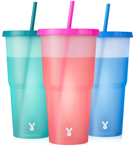 Meoky Plastic Cups with Lids and Straws - 3 Pack 40 oz Tumblers Bulk, Reusable Color Changing Cups for Party, Car, Women, Adults, Iced Coffee, BPA-free