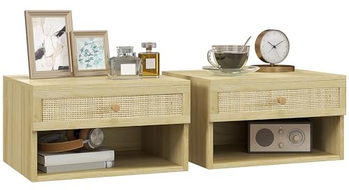 HOMCOM Lot de 2 Tables de Chevet murales Table de Nuit - tiroir Coulissant, Niche, Plateau - en Bois façade Effet rotin tissé dim. 40L x 34l x 23H cm