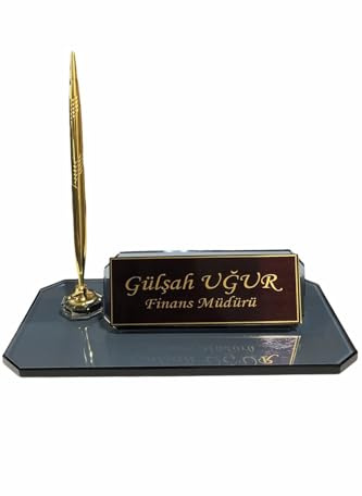 MOOGCO Placa de nombre de escritorio personalizada: placa de nombre de escritorio de vidrio negro con reloj, soporte para bolígrafos con 2 bolígrafos, tarjetero (Negro individual pequeño)