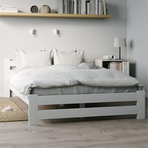 Holzbett 160x200 cm mit Lattenrost Modern Bett Bed Kiefer Massiv Bettgestell Doppelbett Massivholzbett Klassisch | Komfortabel & Langlebig | Skandinavisch Boho Landhaus Kopfteil mittel weiß