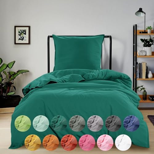 wometo Bettwäsche Renforce Stone-Washed 135x200 & 80x80 cm 100% Baumwolle - tannengrün OekoTex weich modern Used-Look Leinen-Optik