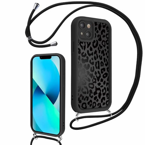 Kueqeay Coque avec Cordon pour iPhone 13 6,1, Noir Étui avec Sangle Collier Corde Housse Aesthetic Léopard Motif Souple Silicone Antichoc Case Anti-Rayures Protection Bumper Cover, 01