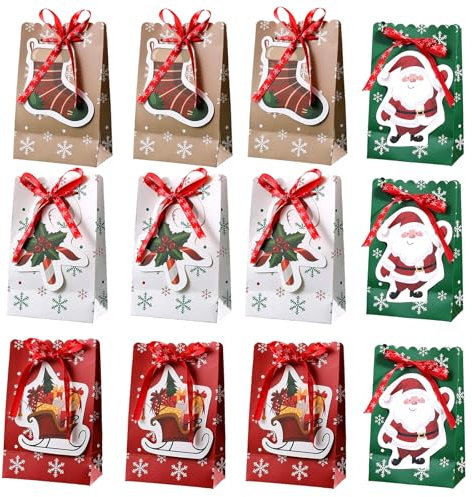 12 Stück Geschenktüten Weihnachten, Weihnachtstüten Zum Befüllen, Papiertüten Weihnachts Geschenkverpackung, Weihnachts Süßigkeiten Plätzchen Boxen für Geschenkverpackung Dekorationen