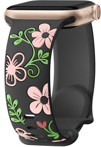 Mastten Floral Strap Compatible with Apple Watch Straps 40mm 41mm 42mm 38mm Women, Cute Flower Engraved Inlay Silicone Sport Band for iWatch SE Series 10 9 8 7 6 5 4 3 2 1, Black