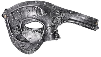 JewelryWe Masque Carnaval Venitien Homme: Demi-masque Vénitien Steampunk avec Détails Robot avec Engrenages, Tôles de Fer et Rivets pour Déguisement Bal de Maquillage Mascarade - Cadeau Halloween
