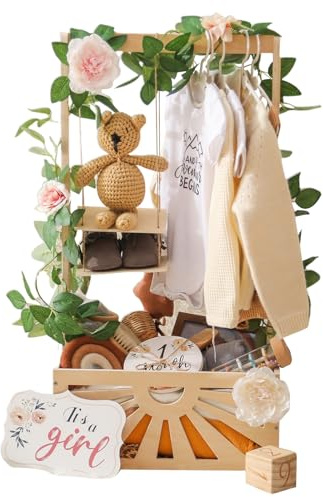 OESSUF Wooden Crate Baby Girls Shower Basket,Baby Hamper Closet with Adjustable Handle Baby Storage Crate Clothes Hanger Gift Wraping Basket Pregancy Newborn Gifts (Hollow Sun with Flower)