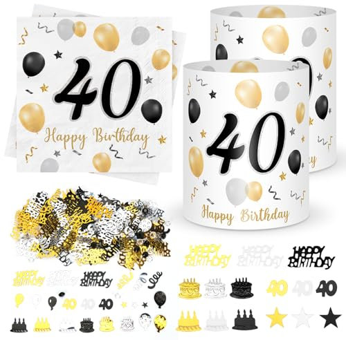 20 Stück Servietten 40. geburtstag+ 12 Stück Windlicht Tischdeko 40 Geburtstag + 500 Stück Konfetti 40 Geburtstag Deko Schwarze Gold, Deko 40. Geburtstag, Tisch Deko 40 Jahre Happy Birthday Jubiläum
