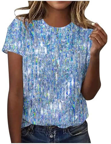 Mrat Sparkly Tops (No Sequin) for Women UK Sequins Print Tunic Tops Short Sleeve Round Neck Shirts Shiny Comfy Ladies Casual Blouse Elegant Gradient Blouses Loose Fit Casual Pullover Size 16