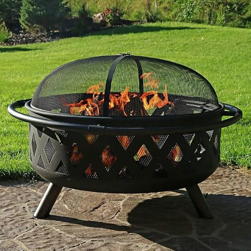 Large 32 Wood Burning Fire Pit with Barbecue Network Round Fire Pit Table Heavy Duty Wood Burning Fire Pits for Outside Patio Backyard