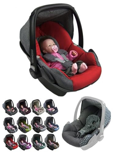 BambiniWelt Ersatzbezug Babyschale – 5-teiliges Set kompatibel mit Maxi-Cosi Pebble Babyschale, inkl. Sitzbezug, Gurtpolster, Sonnenverdeck & Kopfstütze, Farbe: meliert grau-rot