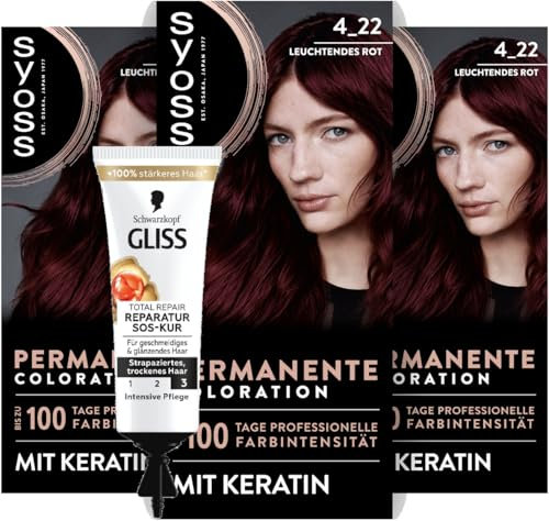 SYOSS Coloration 4_22 Leuchtendes Rot (3x 115 ml), permanente Coloration mit Keratin verleiht bis zu 100 Tage professionelle Farbintensität & SOS-Intensiv-Kur Total Repair (15 ml), Haarkur
