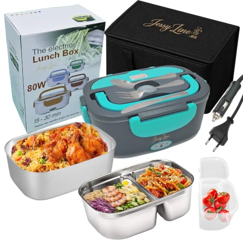 JessyLine Fiambrera eléctrica portátil moderna 80W 12V/24V/220V Coche camión y Oficina Calienta comida sin microondas Lonchera con contenedores simple y doble Acero inoxidable 1,5L Gris con turquesa