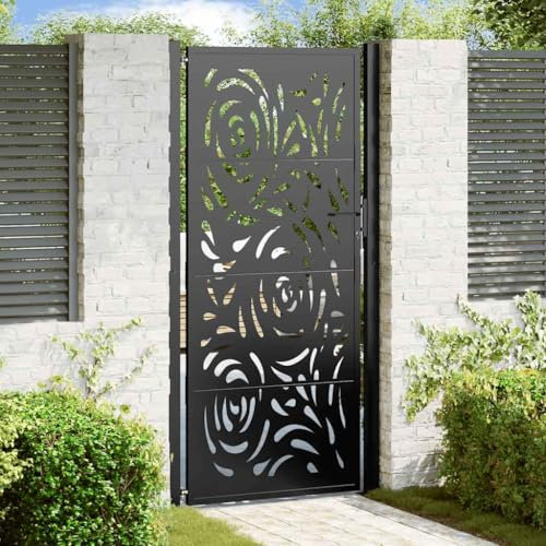 Festnight Puerta Jardin Metalica 105 x 205 cm, Puerta para Valla con Sistema de Cerradura Acero Oxidado, diseño Llama Acero/Negro