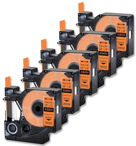 KVMRshn 5 Pack 9mm 18434 Schwarz auf Orange -Etikett -Klebeband kompatibel mit 1000 5000 5200 Etikettendruckern IND -Etiketten