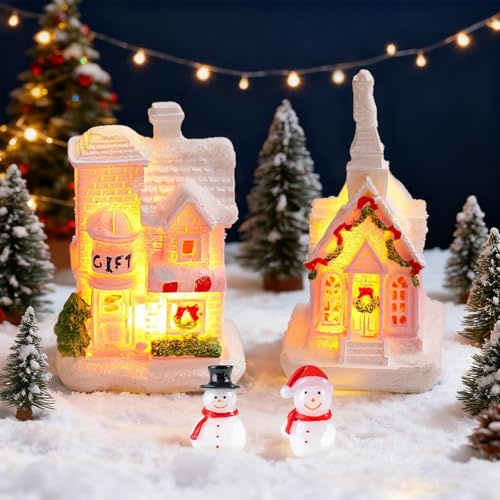 SPERMUOY Weihnachtshäuser Weihnachtsdorf mit Beleuchtu,2 Stück Weihnachtsdeko Haus mit Schneemann Miniatur weihnachtsdorf,Weihnachtshaus Weihnachtsbeleuchtung Weihnachtsdorf Weihnachtsdekoration