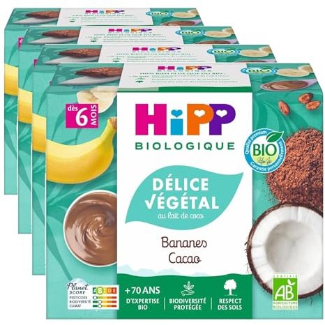 HiPP - Délice Végétal - Bananes Cacao Coco - Coupelles 4X100g (Lot de 4)
