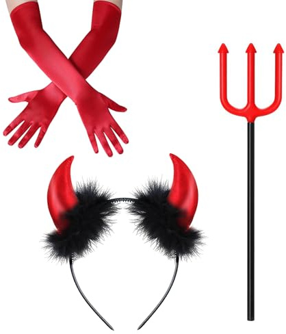 YCICHE Teufel Kostüm Zubehör Set für Damen – 3-teilig inkl. Hörner-Haarreif, Dreizack (43cm) & Handschuhe (53cm) in Rot für Karneval, Cosplay & Mottopartys