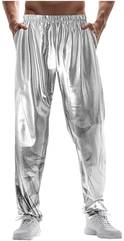 Metallic Hose Herren 70er 80er Jahre Disco Party Hippie Hosen Clubwear mit Taschen Glänzende Jogginghose Glitzer Festival Nachtclub Disco Hose Metallisch Abschlussball Streetwear Hosen