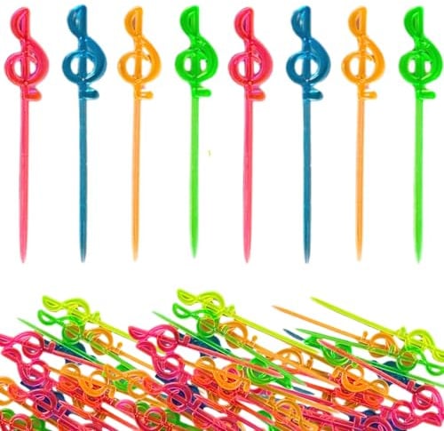 200 pinchos de plástico para alimentos, picker de fiesta, palillos de cóctel, pinchos de queso, aperitivos para niños, sin BPA, reutilizables (música)