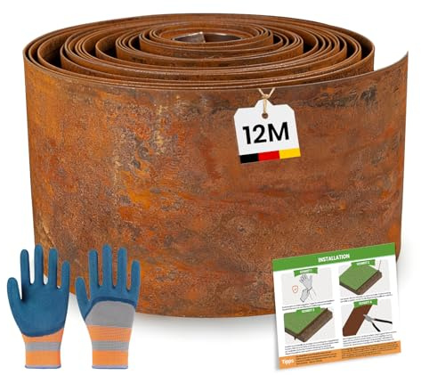 Bordura per Giardino in Acciaio Corten, 12m x 14 cm, Bordo per Aiuola in Metallo Arrugginito, con 1 Paio di Guanti Incluso