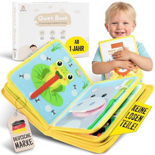 SpielLieb® Montessori Quiet Book ab 1 Jahr - Busy Board ab 1 Jahr mit Tieren - Quiet Book & Motorikspielzeug, ideale Beschäftigung für Autofahrten - Geschenk Junge & Mädchen (Gelb)