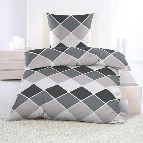 Casa Colori Microfaser Seersucker Bettwäsche - Karomuster grau beige 135x200cm 100% Polyester Sommer luftig, leicht 135x200 / 80x80