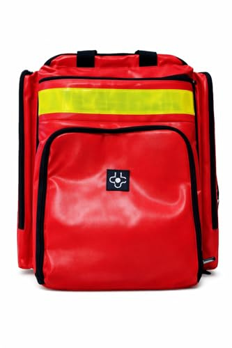 DevaSafe Professioneller medizinischer Notfall-Rucksack – wasserdicht PVC 500D rot mit anpassbaren Taschen, reflektierenden Streifen und großer Kapazität – ideal für Feuerwehr, Krankenwagen