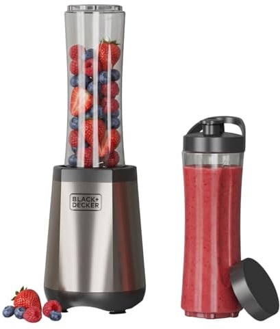 Black+Decker- Batidora de vaso individual | 500W | 600ml | 2 Vasos Portátiles| 4 Cuchillas Inox 304 | Pica Hielo | Apta para Lavavajillas | Base Antideslizante | Acabados Antihuellas