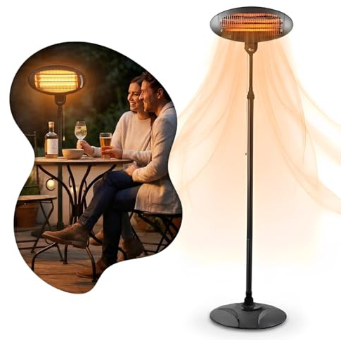 2KW Patio Heater Outdoor Free Standing Quartz Electric Garden Heating 2000w Weather Resistant, 3 Power Settings, Adjustable Heat Angle and Height Adjustable Stand Black