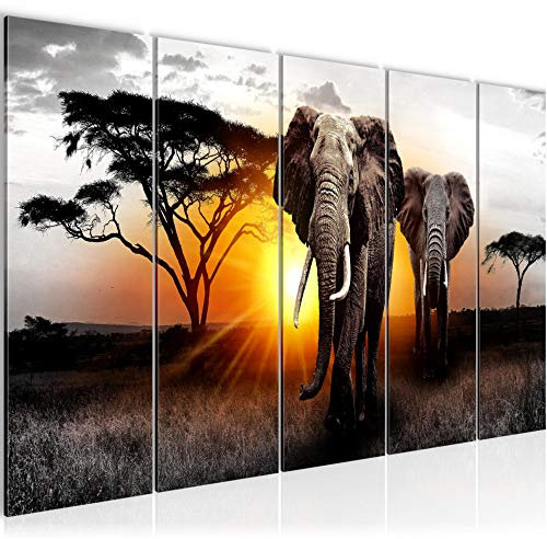 Runa Art Wandbild XXL Afrika Elefant Wohnzimmer Schlafzimmer 200 x 80 cm Grau Orange 5 Teilig - Made in Germany - 007655a