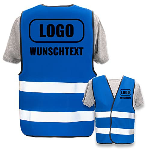 Warnweste selbst gestalten mit eigenem Aufdruck * Bedruckt mit Name Text Bild Logo Firma, Position & Druckart:Rücken + Front/Standard-Druck, Farbe & Größe:Blau/Größe M/L