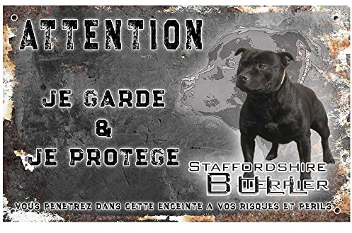 Pets-Easy.com Cartel Atención al Perro Personalizado Staffie Negro - pre perforado y tornillos entregados. De 30 cm a 15 cm…