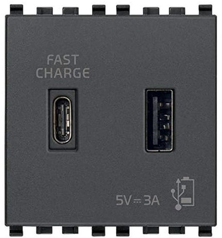 Vimar 20295.AC Eikon Presa USB 5 V 3 A, 1 uscita USB tipo A e 1 tipo C, erogano complessivamente 3 A per caricare un dispositivo fino a 3 A o contemporaneamente due dispositivi