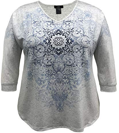 LEEBE Plus Size 3/4 Sleeve Print Top (Sizes 18-36) (Blue Medallion/Lt.Grey 4X)