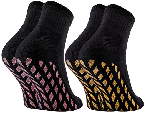 Rainbow Socks - Mädchen Neon Sneaker Sport Brokaten Stoppersocken - 2 Paar - Schwarz+Rosa Gold ABS - Größen 24-29