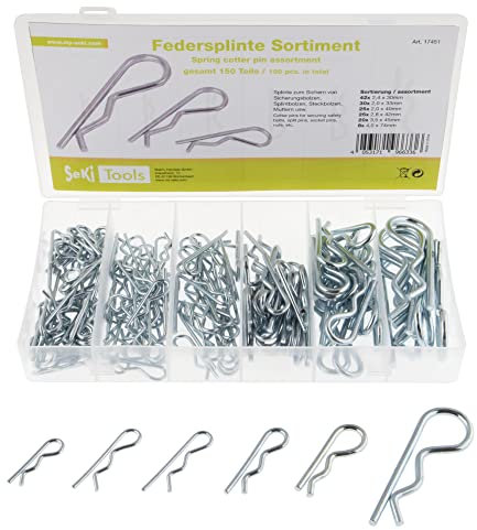 SeKi 17451 Federsplinte Sortiment 150 Stück, 6 Verschiedene Größen von Ø 2,4-4,0 mm Sicherungs-Splint Stecksplint