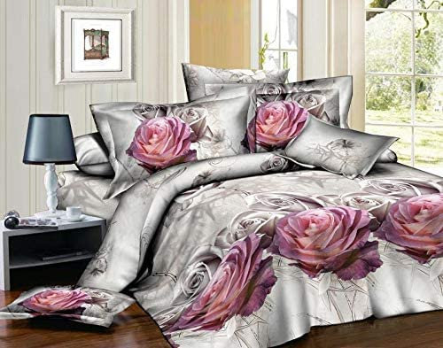 Z Fashion 3D White Pink Rose Duvet Cover set Flower Prints Bedding Set with Pillowcases and fitted sheet Double and King Sizes. (King)