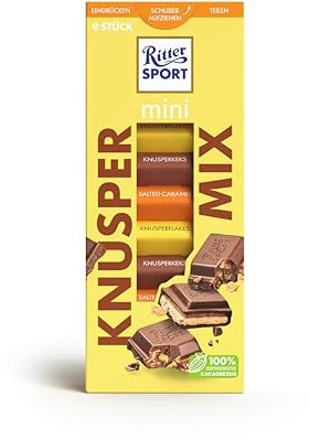 Ritter Sport mini Turm Knusper Mix, verschiedene Schokoladenvariationen mit knusprigen Zutaten, ideal zum Teilen und Genießen, geeignet für Muttertag und Vatertag, Geschenkidee, 1 Box, 150g