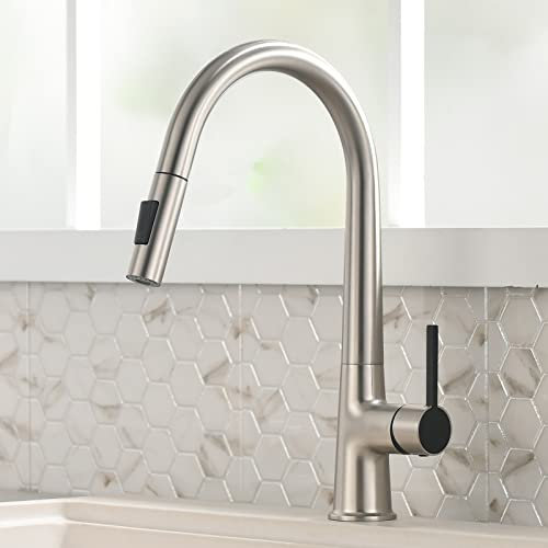 TIMACO Hochdruck Wasserhahn Küche, Küchenarmatur Ausziehbar, Amatur Küche 360°Drehbar,Mischbatterie Küche mit Brause,Spültischarmatur Küche mit Zwei Strömungsmuster,304 Edelstahl,Gebürstetes Nickel