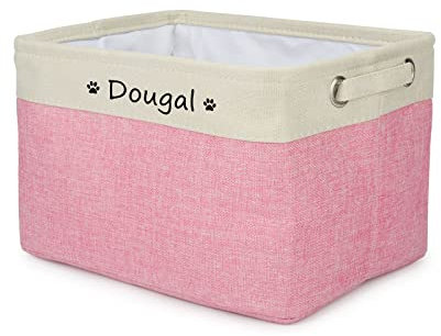 Hundespielzeug Aufbewahrungsbox mit Personalisierte Namen, Faltbare Spielzeugkiste mit Griffen, Hunde Spielzeugkorb für Die Organisation Von Lebensmitteln Kleidung und Haustiere Zubehör(Beige-Rosa)