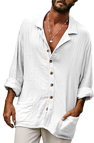 YAOHUOLE Stylish and Comfortable Men's Linen Shirt Long Sleeve Casual Linen Shirts Perfect for Summer Days Beach Outings Grandad Look White M