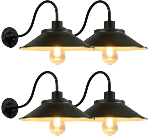 Moddeny 4 Stück Wasserdichte Außenwandleuchten, Eisen-schwarze Veranda-Leuchten Farmhaus-Schwanenhals Vintage Außenwandleuchten für Garagen, Eingänge und Terrassen