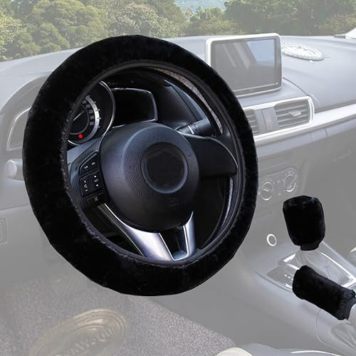 3PCS Universal Plüsch Winter Lenkradhüllen Lenkradabdeckung Teleskop Anti Rutsch Auto Lenkradbezug mit Handbremse Schaltabdeckung Warme Auto Lenkradabdeckung für Autoo Zubehör 37-38cm